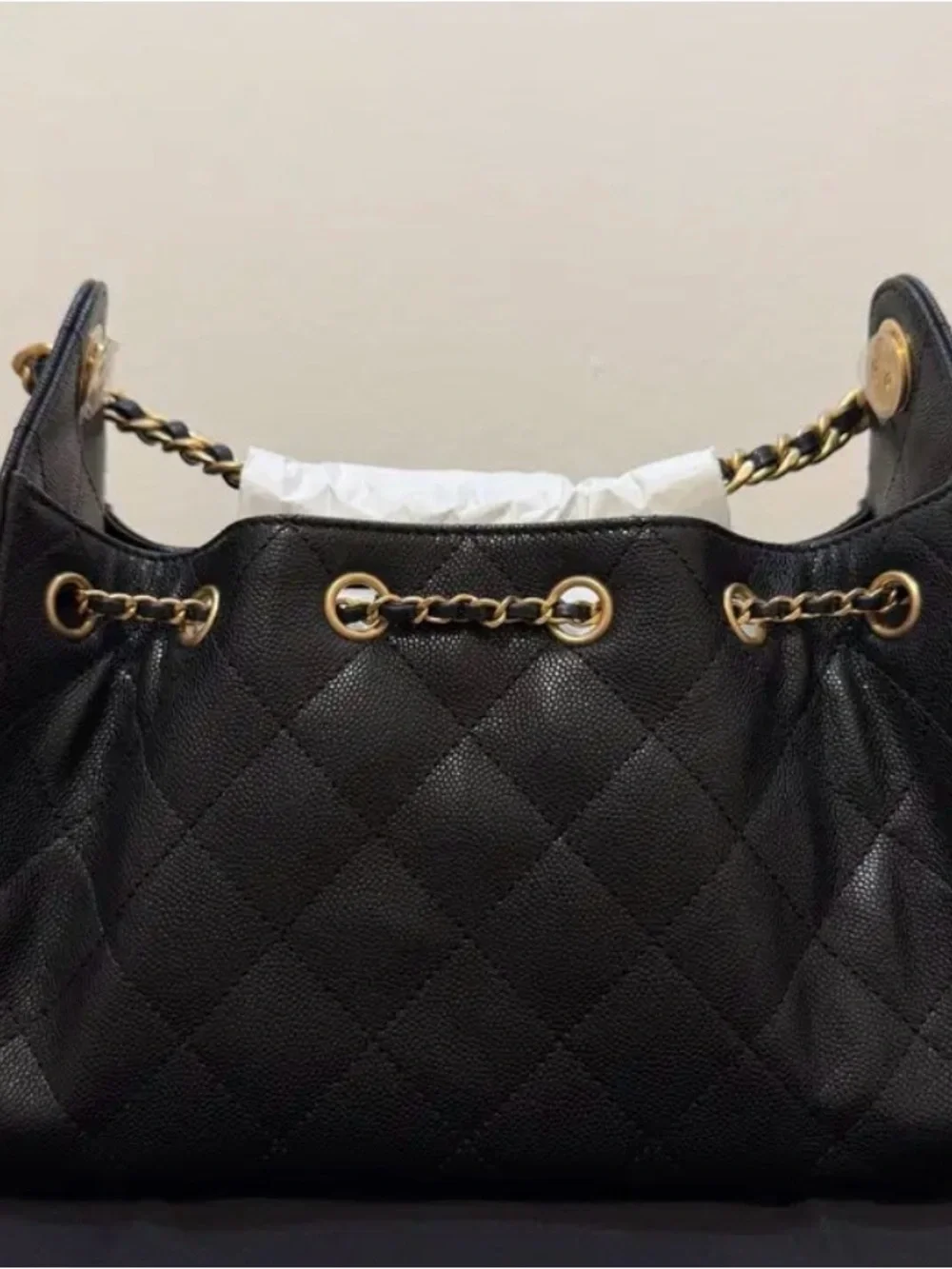 CHANEL 25 Black Caviar Quilted Shoulder Bag with Gold Chain Hardware